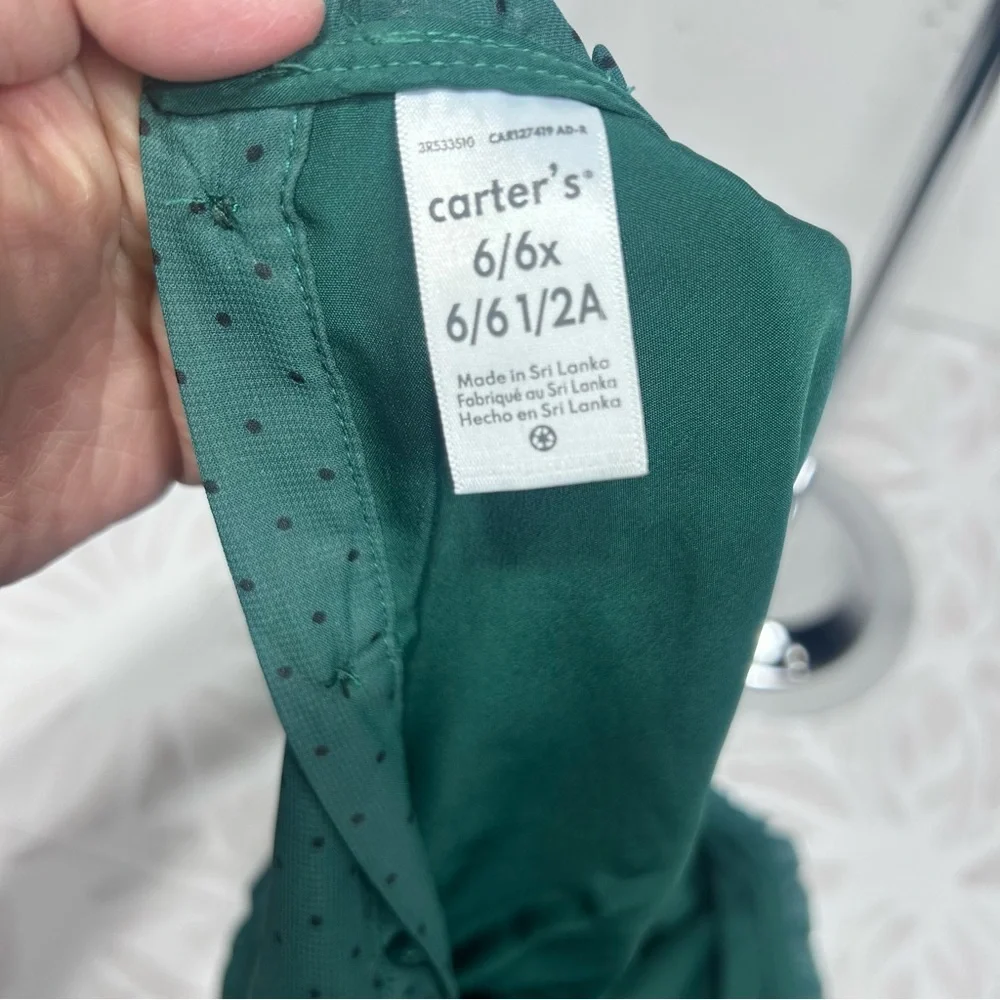 Carter's Girls Green Polka Dot Tiered Crepe Long Sleeve Dress 6/6X